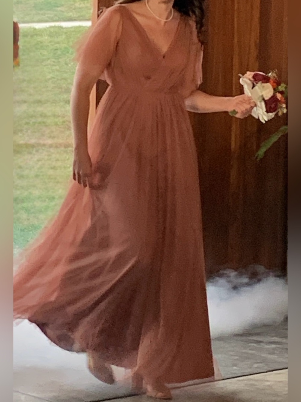 👰🏻‍♀️Revelry Dusty Cocoa Rose Tulle Flutter Sleeve Bridesmaid Dress Size 8
